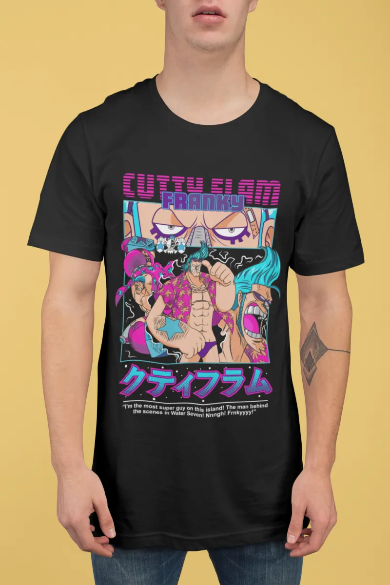 Playera negra de One Piece sobre fondo amarillo