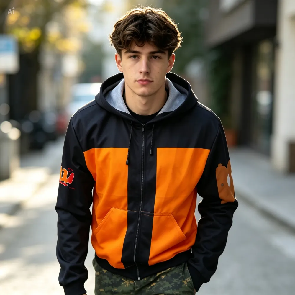 Sudadera con capucha naranja y azul marino