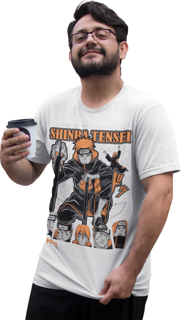Hombre con café y playera blanca de One Piece